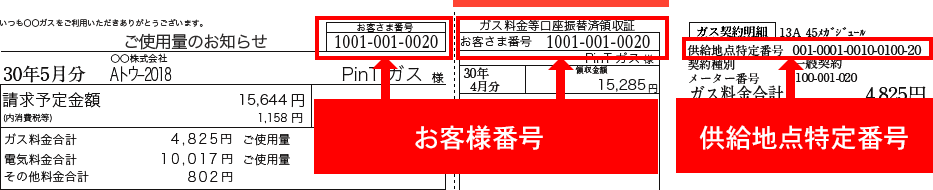 お客様番号　ガス供給地点特定番号