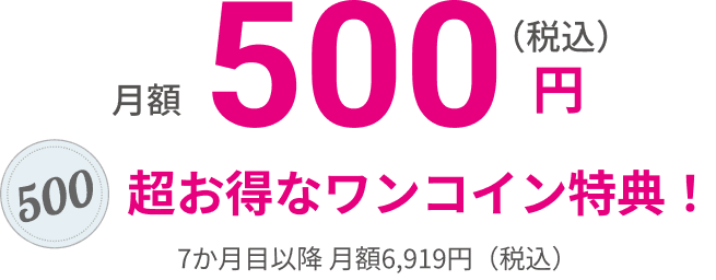 月額500円（税込） 超お得なワンコイン特典！ 7か月目以降 月額6,919円（税込）
