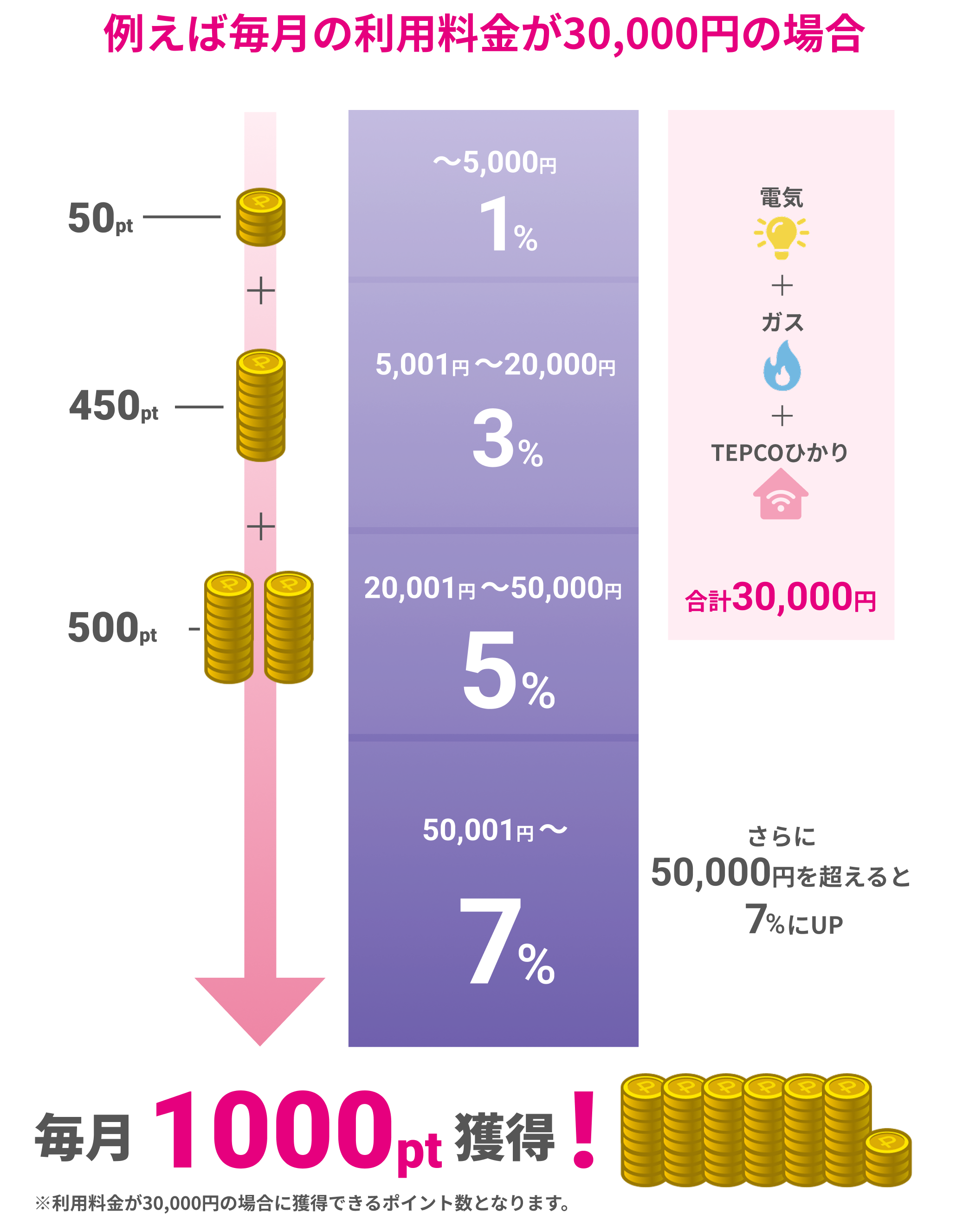 例えば毎月の利用料金が30,000円の場合 毎月1000pt獲得!